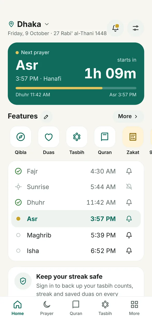 Salaah home screen showing the next prayer, Asr, and today's prayer times in Dhaka